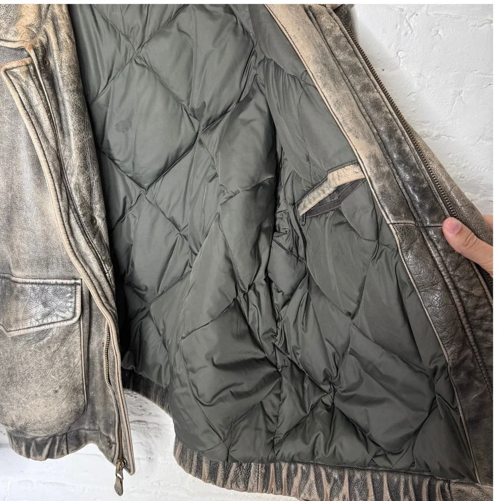 Eddie Bauer Mens Distressed Leather Bomber‎ Jacket Goose Down Quilted Brown L/G